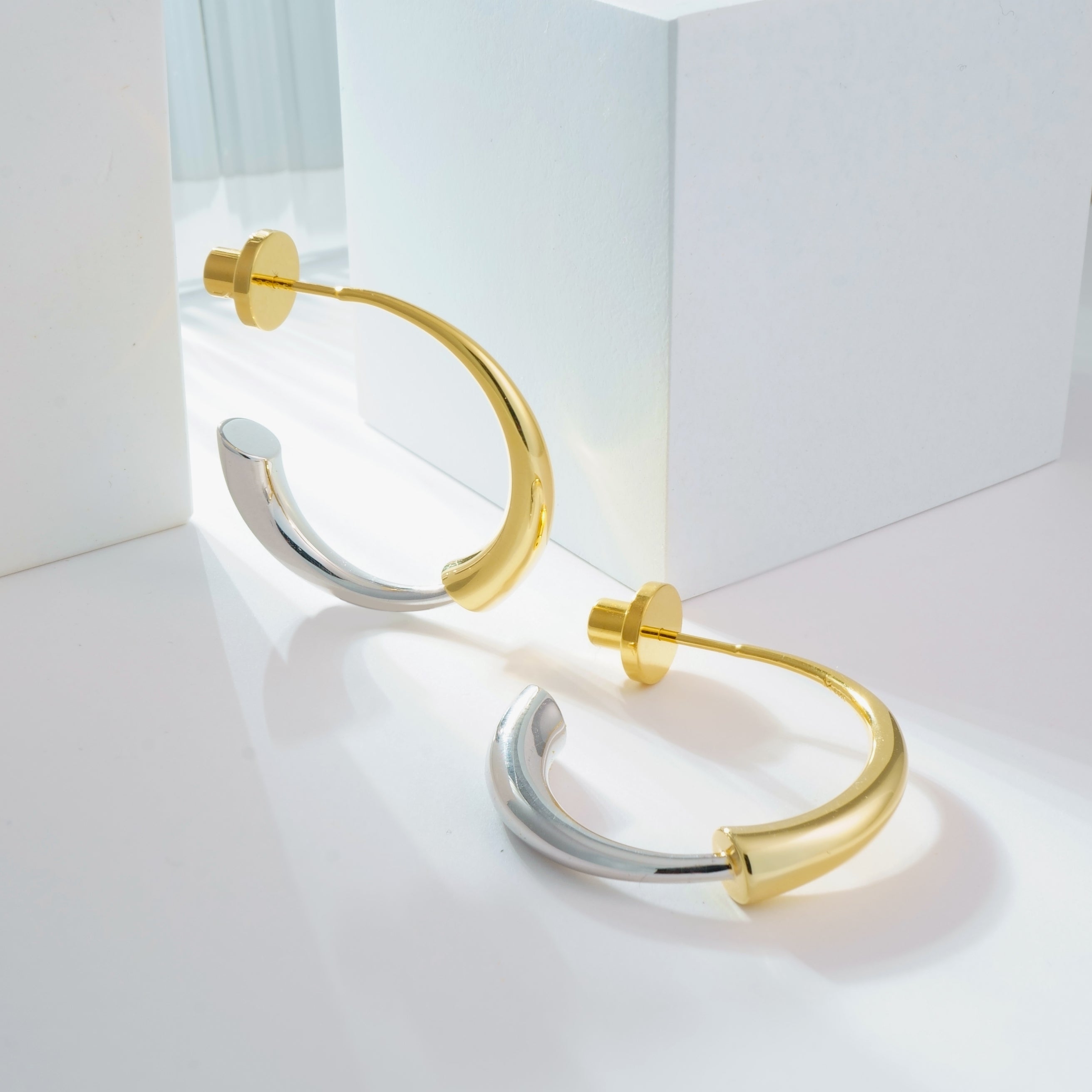 Gold and Silver Bi-Color Double Arc Hoop Earrings