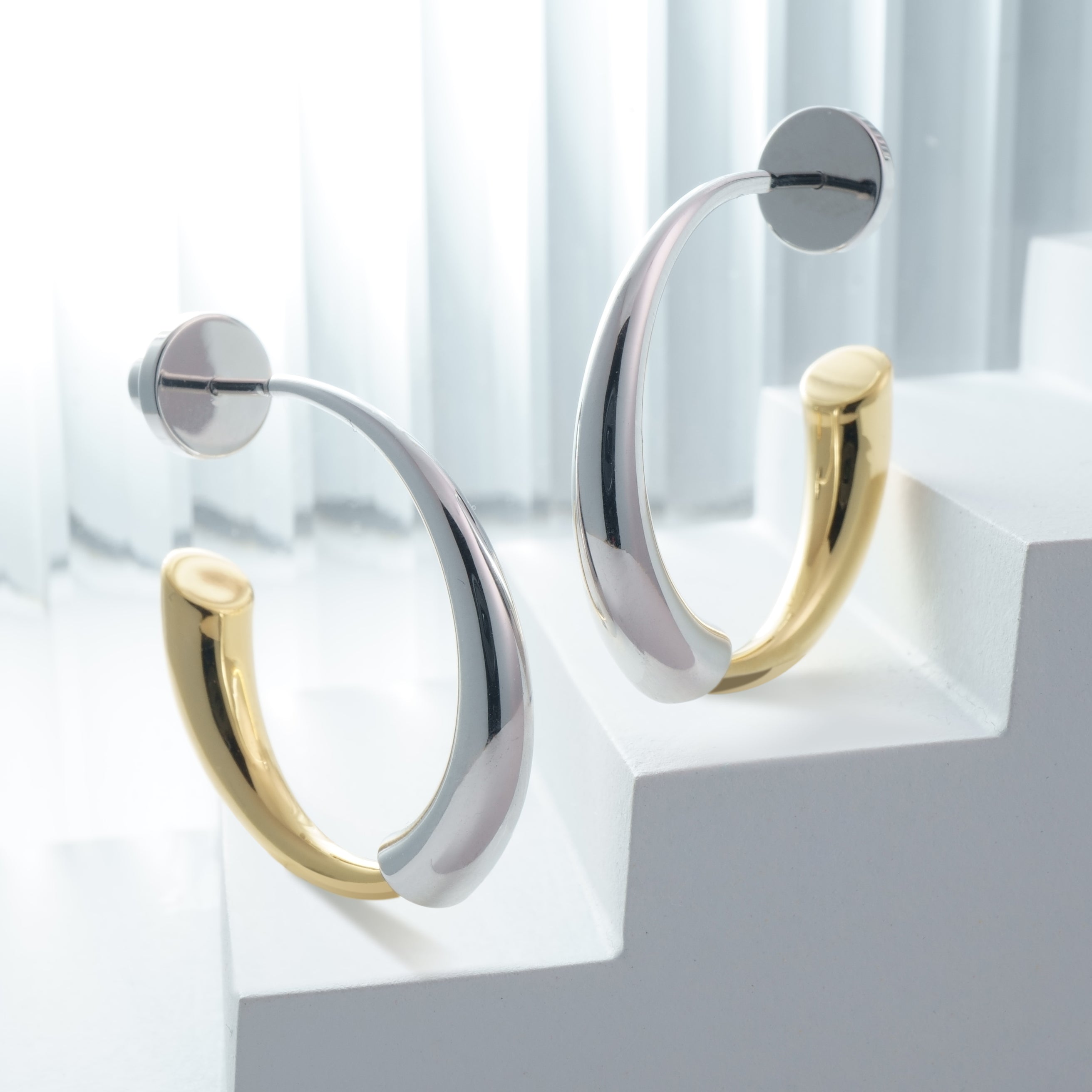 Gold and Silver Bi-Color Double Arc Hoop Earrings