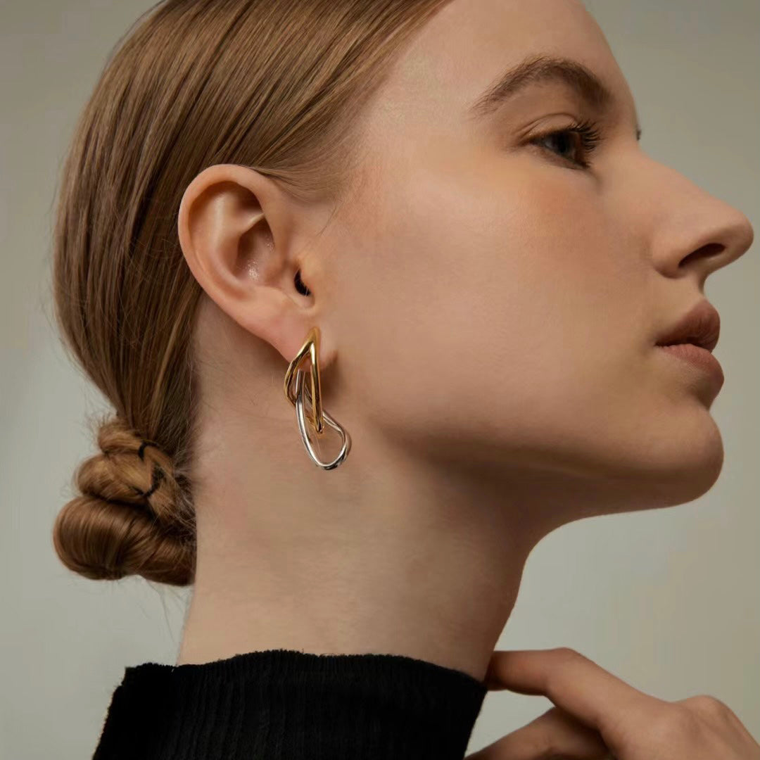 Gold and Silver Mismatched Curved Long Waterdrop Earrings