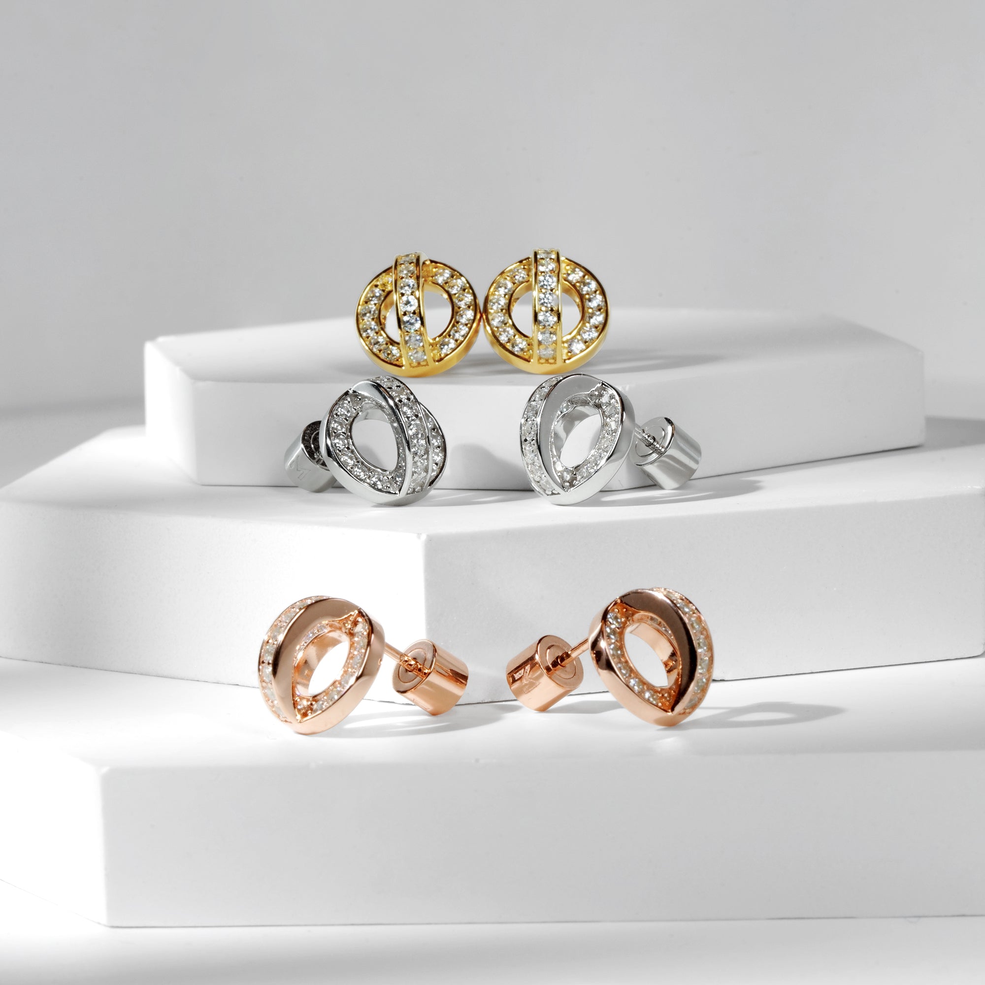 Circle and Arc Pave CZ Stud Earrings