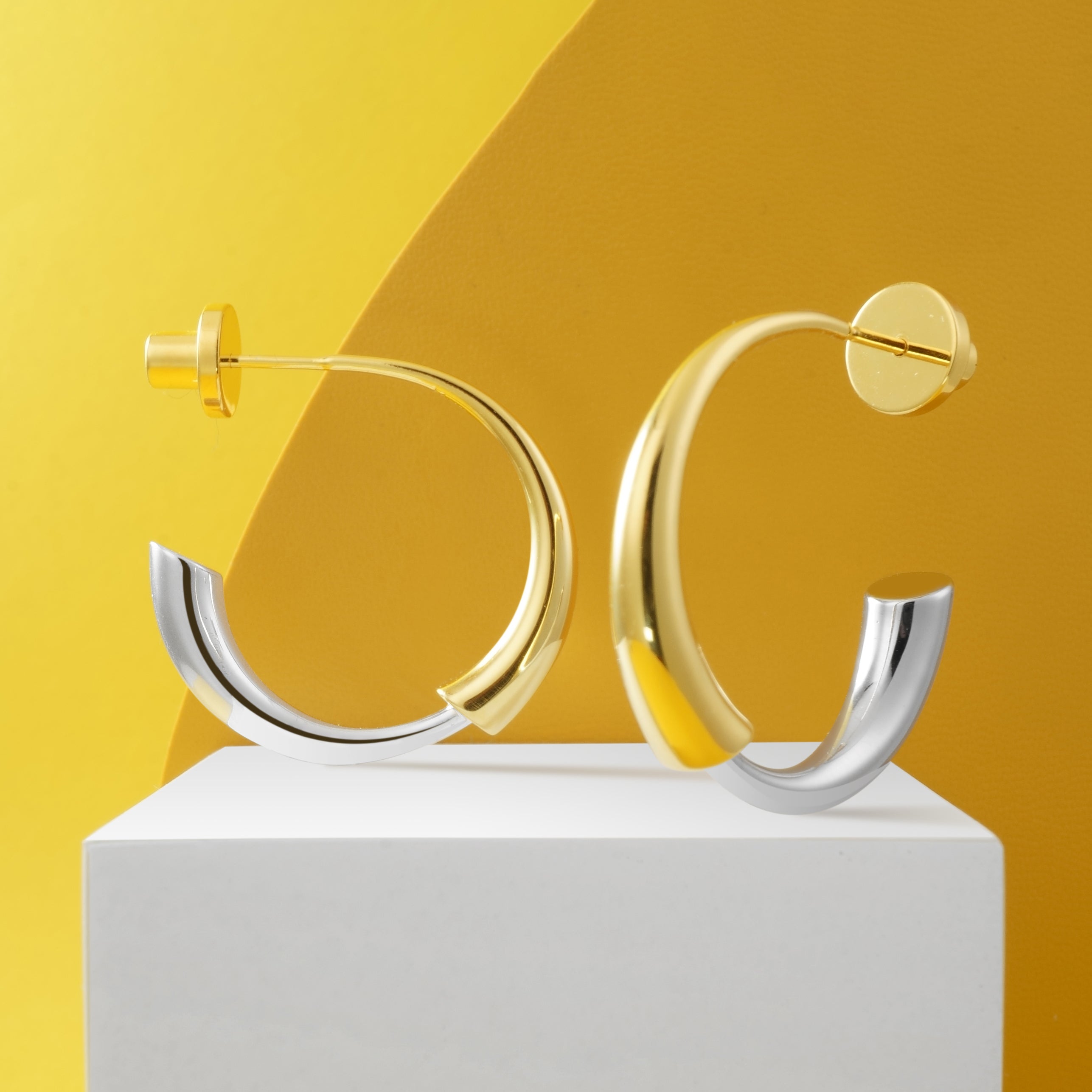 Gold and Silver Bi-Color Double Arc Hoop Earrings